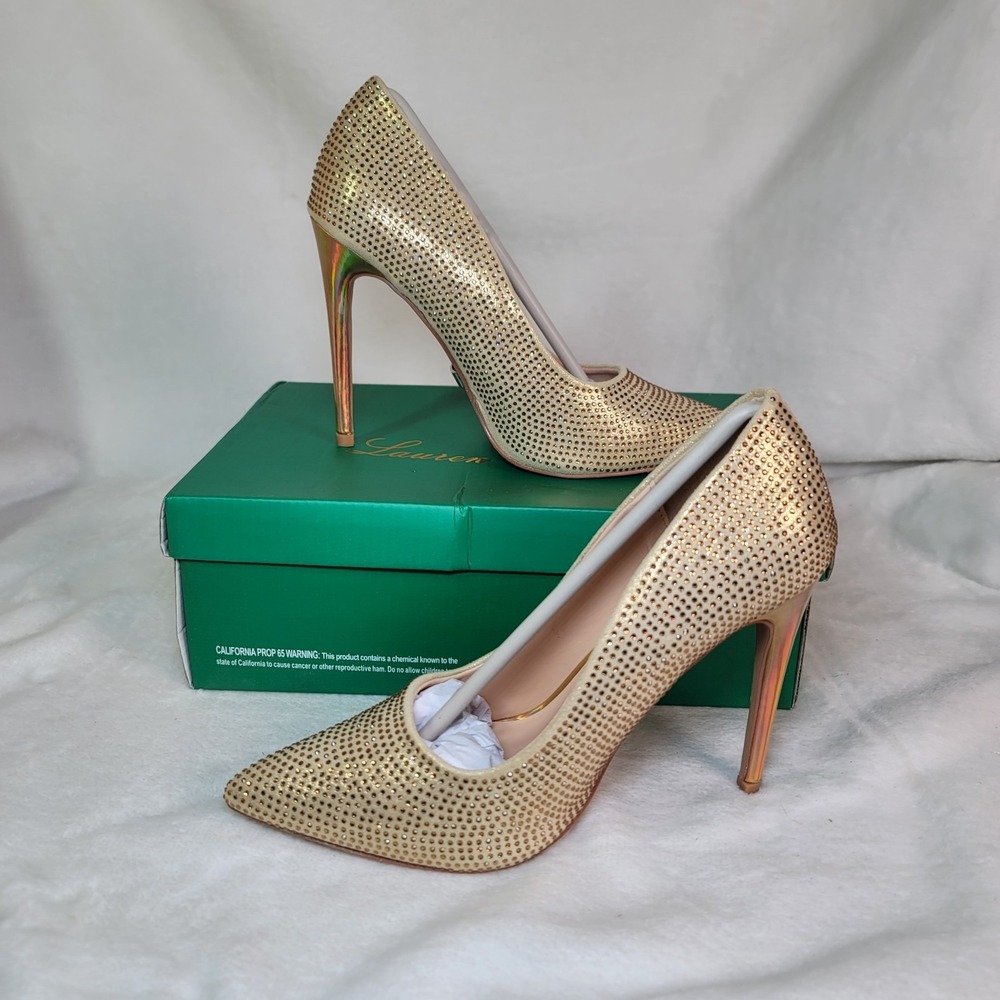 Lauren Lorraine Gold Rhinestone Pumps Party Formal Special Occasion 7.5 Glam